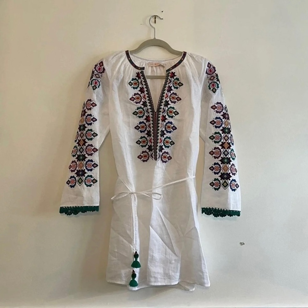 XS Tory Burch Embroidered Linen Dress with Tassels